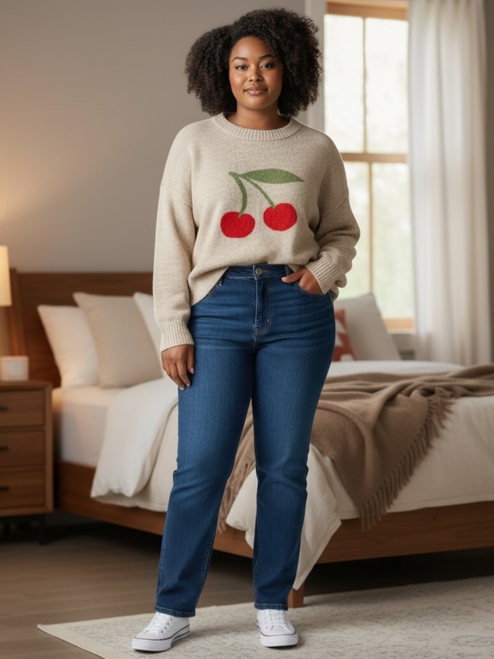 American Eagle Outfitters Cream Crewneck Sweater with Cherry Graphic